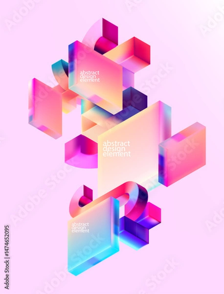 Fototapeta Multicolored 3D geometric shape . Glass iridescent forms. Abstract poster design for your advertising