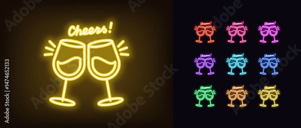Obraz Outline neon cheers icon. Glowing neon wine glasses clink with text Cheers, celebrate holiday. Two wineglass clink, festive toast, birthday celebration, party fun with alcohol drinks. Vector icon set