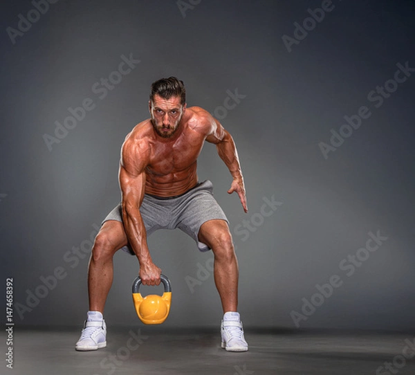 Obraz Muscular Man Exercise with Kettlebell 