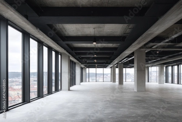 Obraz Empty office space with large windows concrete floor and ceiling columns.