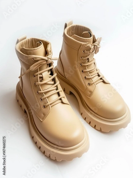 Obraz Pair of stylish beige lace-up ankle boots with chunky soles on white background.