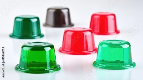 Fototapeta Colorful jelly cups in red, green, and black arranged on a reflective surface