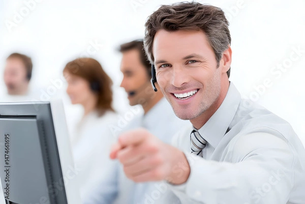 Fototapeta Friendly customer service representative pointing at the viewer.