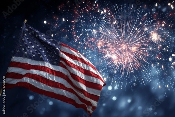 Obraz Patriotic holiday. The USA are celebrating 4th of July. American flag on background of fireworks.