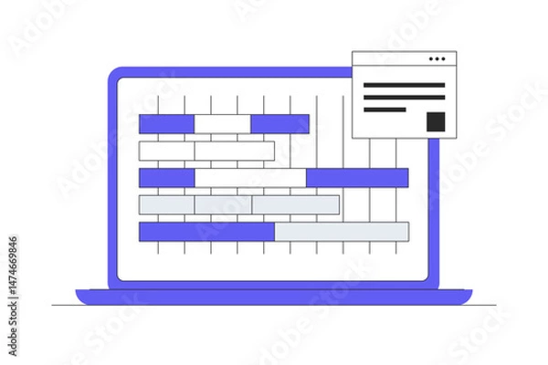 Fototapeta Computer laptop displays gantt chart assisting in planning for software development and project management. Flat Cartoon Vector Illustration, icon. Stylish abstract design landing page