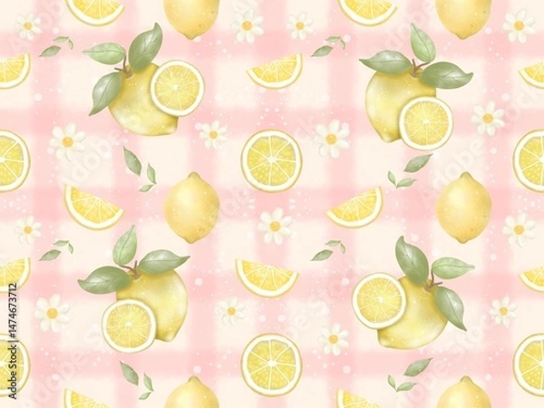 Fototapeta Soft colors, lemon pattern and lemon blossoms, seamless pattern on a bright pastel pink plaid background.