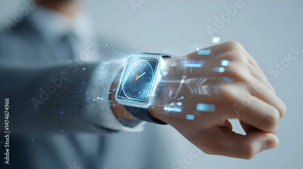 Fototapeta Close-up of a futuristic wristwatch with digital display.