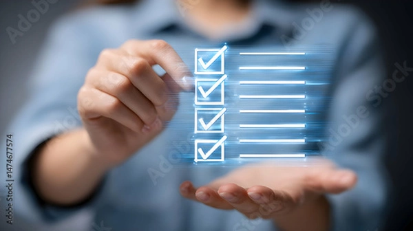 Fototapeta Person marking digital checklist with glowing symbols.
