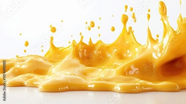 Fototapeta Close up of a vibrant yellow liquid splash with droplets against a white background in studio shot