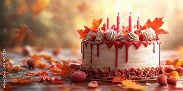Fototapeta Celebratory autumn cake adorned with leaves and candles, set in a cozy atmosphere during fall season