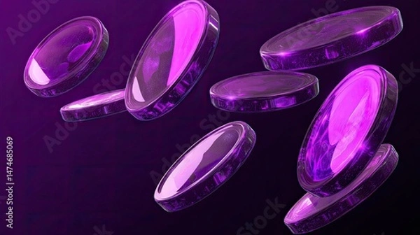 Fototapeta Purple coins floating against a dark background in a digital render with shiny reflections