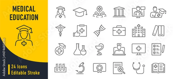 Obraz Medical Education web icon set in line style. Medicine, college, student, learning, book, collection. Vector illustration.