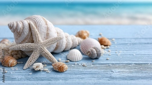 Fototapeta A starfish and a bunch of shells are on a wooden table by the ocean