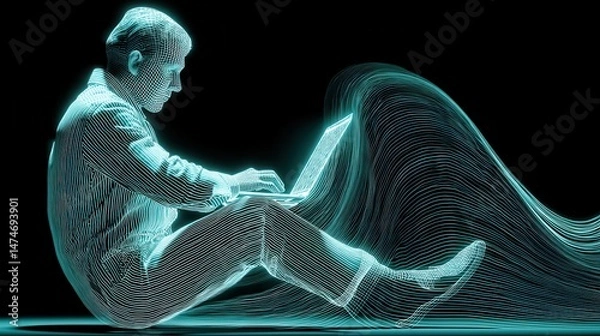 Fototapeta technology style whit net glowing wave,glowing line glow wave,glow line , black mature businessman working on laptop