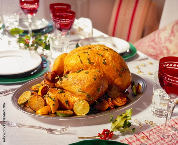 Fototapeta A beautifully set dinner table showcases a golden roast turkey, garnished with herbs and citrus on a platter. Surrounding dishes and decorations highlight the festive atmosphere.