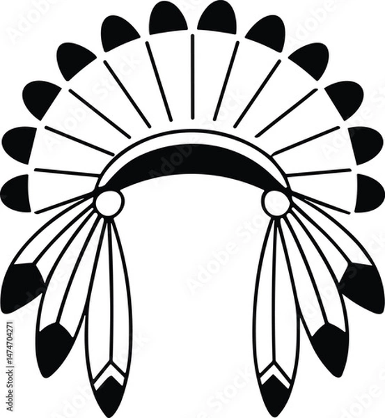 Fototapeta Simple Tribal Feather Headdress Line Art Vector for Thanksgiving and Cultural Designs
