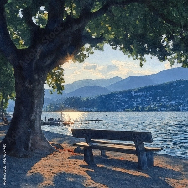 Fototapeta Cozy wooden bench nestled under a sprawling tree providing shade and comfort in a quiet park