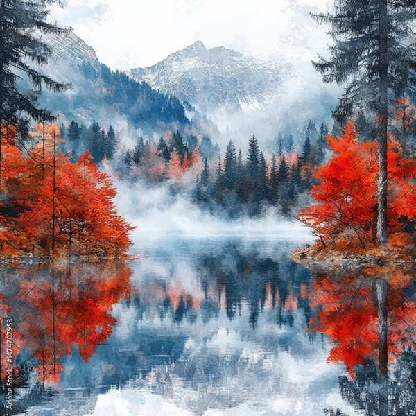 Fototapeta Picturesque lake with tall trees framing the background and bright blue sky enhancing the view