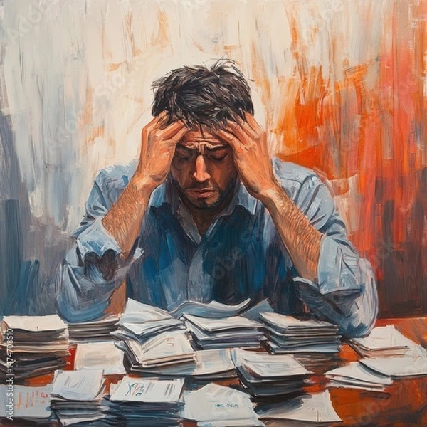 Fototapeta A man focused at a table with a large pile of papers indicating work and administrative tasks