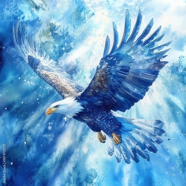 Fototapeta Iconic bald eagle flying high in the sky against a backdrop of majestic clouds and open air
