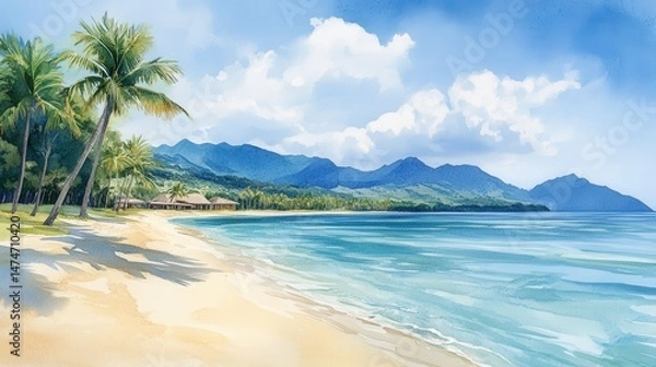Fototapeta Serene tropical beach with lush palm trees surrounded by crystal clear waters and soft sand