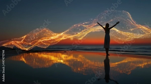 Fototapeta technology style whit net glowing wave,glowing line glow wave,glow line , latin carefree woman with outstretched arms at beach,stock photo