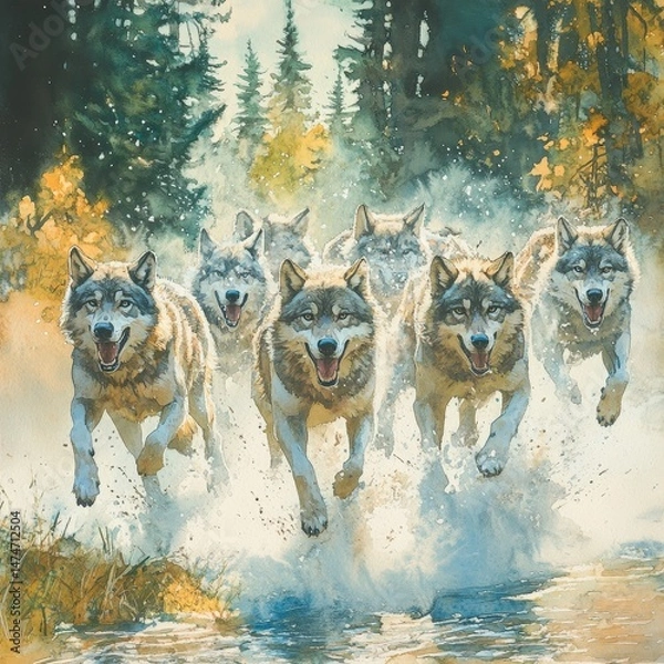 Fototapeta Group of playful dogs running joyfully through a sparkling stream surrounded by nature and forest