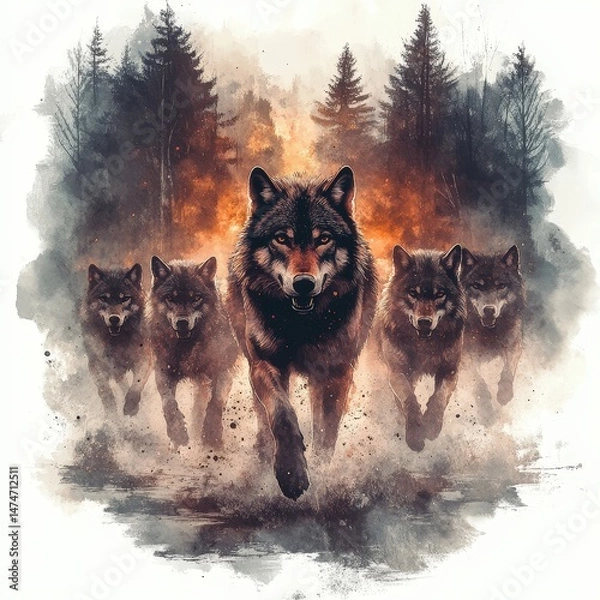 Fototapeta Lone wolf running swiftly through dense forest with sunlight filtering through the canopy above