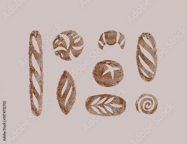 Obraz Bread fingerprint collection baguette, sourdough, pumpernickel, rye, long leaf, roll, croissant, whole grain drawing on coffee color background.