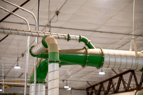 Fototapeta Industrial HVAC metal Pipe header with multiple connections in a production facility with a coating of dust.