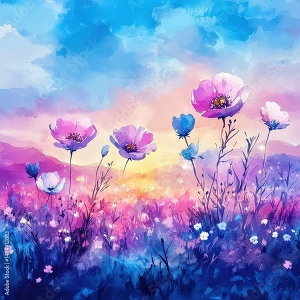 Fototapeta Vibrant field of colorful flowers under a clear blue sky creating a picturesque natural landscape