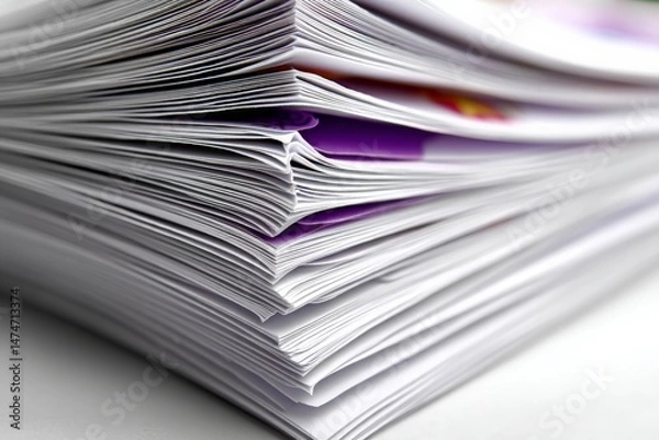 Fototapeta Stack of neatly arranged sheets of paper showing various colors and textures in a bright workspace during daylight hours