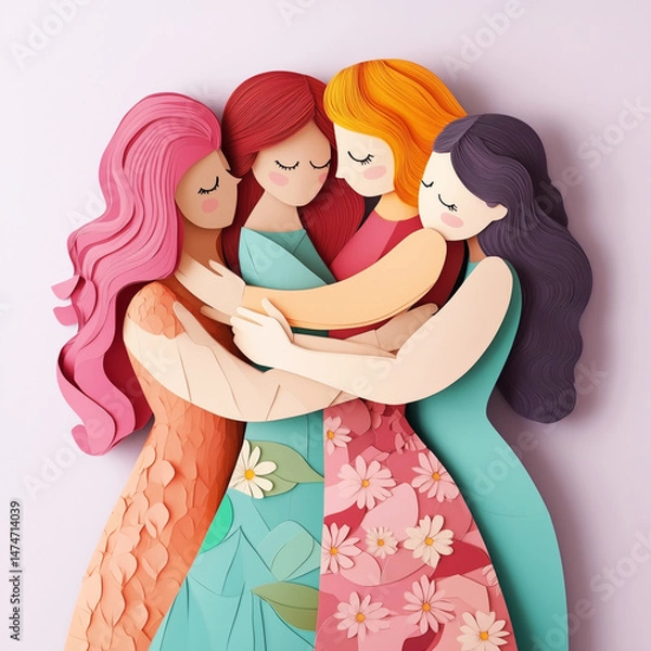 Fototapeta This image features a paper-cut craft style illustration of  women embracing each other. Each woman has different colored hair. Friends, mothers day, family concept.