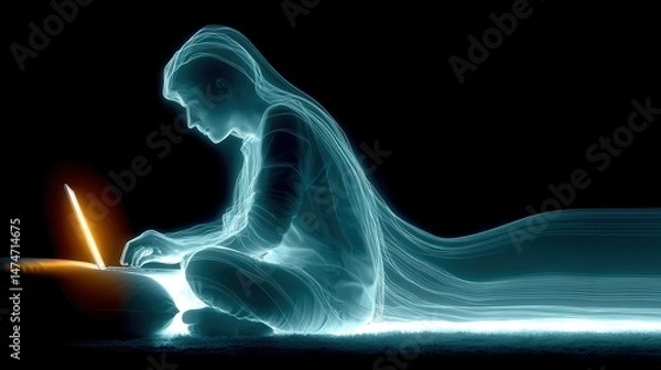 Fototapeta technology style whit net glowing wave,glowing line glow wave,glow line , man working on laptop at home