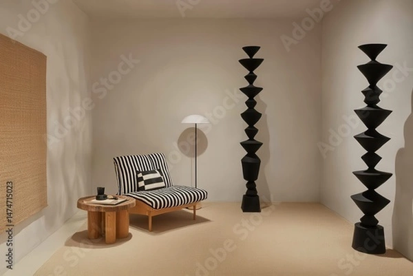 Obraz Minimalist interior design featuring a black and white armchair, wooden side table, tall geometric sculptures, and a light beige wall.  