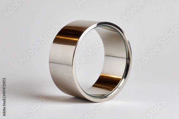Fototapeta Shiny metal ring casting reflections on a white background. Studio lighting