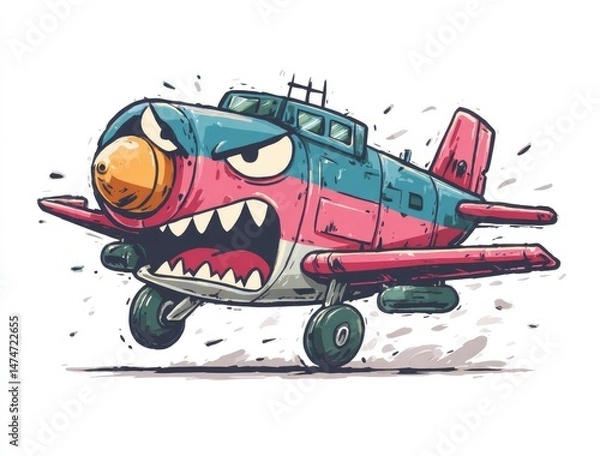 Fototapeta Cartoon airplane, angry expression, vibrant colors, dynamic pose,  wartime style