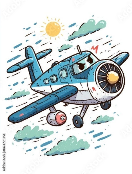 Obraz Cartoon airplane, flying in the sky with sun and clouds.  Angry expression