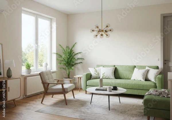 Fototapeta A living room with a green sofa, a chair, a coffee table, and a plant near a bright window space