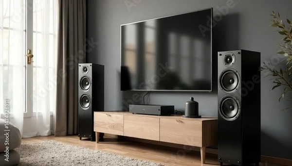 Obraz High-end audio speakers in a modern home setting, showcasing sleek design and superior sound , acoustic, home entertainment