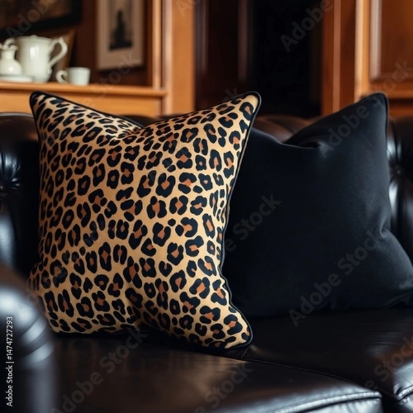 Obraz Luxury black leather sofa with leopard print pillows, close up