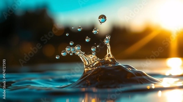 Obraz Falling drops of water. Splash effect after a collision of a falling drop with the water Surface