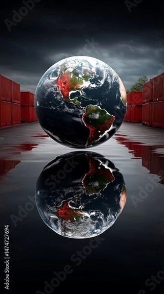 Fototapeta Global Trade and Shipping Earth Reflection Amidst Cargo Containers Industrial Landscape Dramatic Viewpoint
