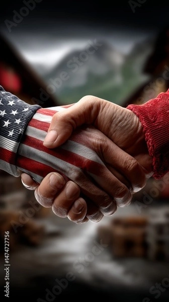 Fototapeta Powerful Handshake Symbolizing Unity Between Nations Mountainous Landscape Digital Art Inspirational Close-up International Relations