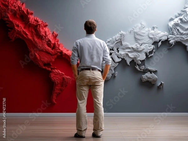 Fototapeta Man Contemplating Global Expansion Modern Office Artistic Wall Map Neutral Environment Thoughtful Viewpoint