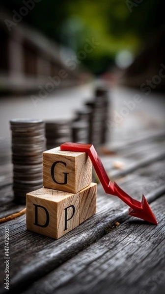 Fototapeta Economic Trends Illustrated with Wooden Blocks Spelling GDP Outdoor Setting Business Concept Focused Viewpoint