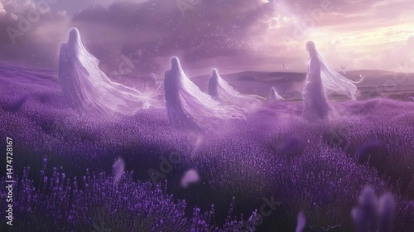 Fototapeta Landscape with jagged rocks and purple flowers under a soft pink sky.