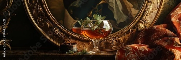 Fototapeta Glass of liquid with green garnish in front of an ornate mirror.