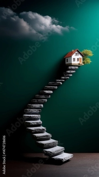 Fototapeta Stone Steps Leading to a Dreamy Home Artistic Interpretation Surreal Environment Unique Viewpoint Home Concept for Inspiration
