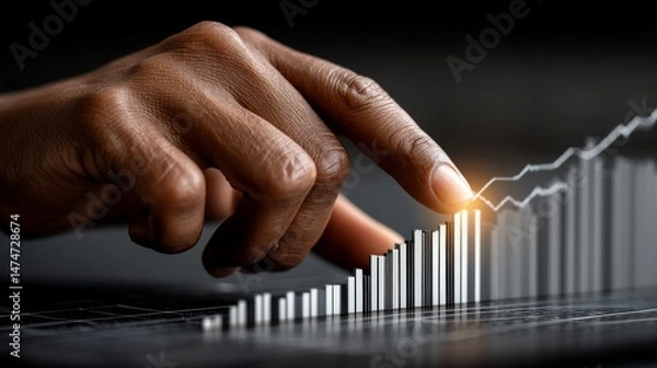 Fototapeta Financial Growth Hand Interacting with Rising Bar Graph in Business Environment Close-Up View Conceptual Visualization